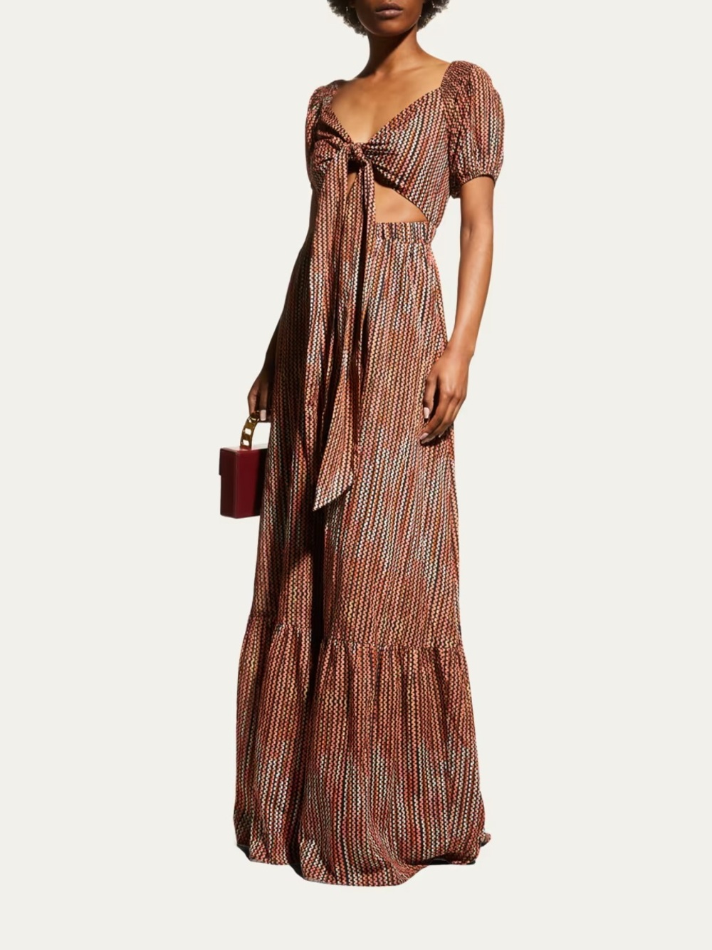RAMY BROOK Striped Megan Cutout Maxi Dress Boho Tie-Front Maxi Dress in Rust